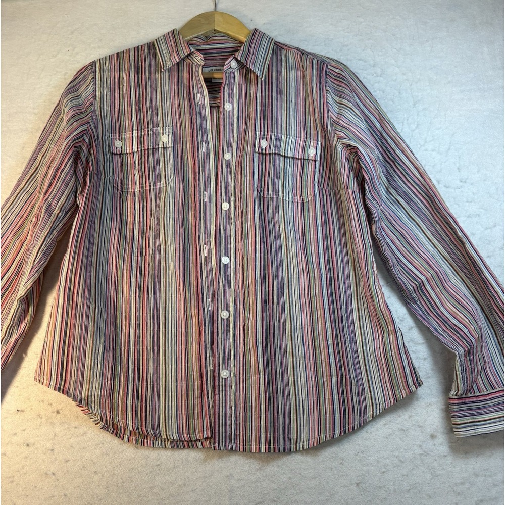 Liz Claiborne Striped Multi-Color Shirt Cotton Sz M Crinkle Roll Tab SL Pockets
